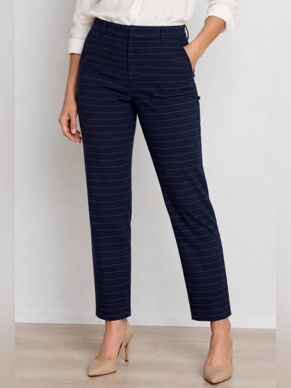 Banana Republic Ryan Slim Straight Blue Striped Trouser Dress Pants Womens 12P
